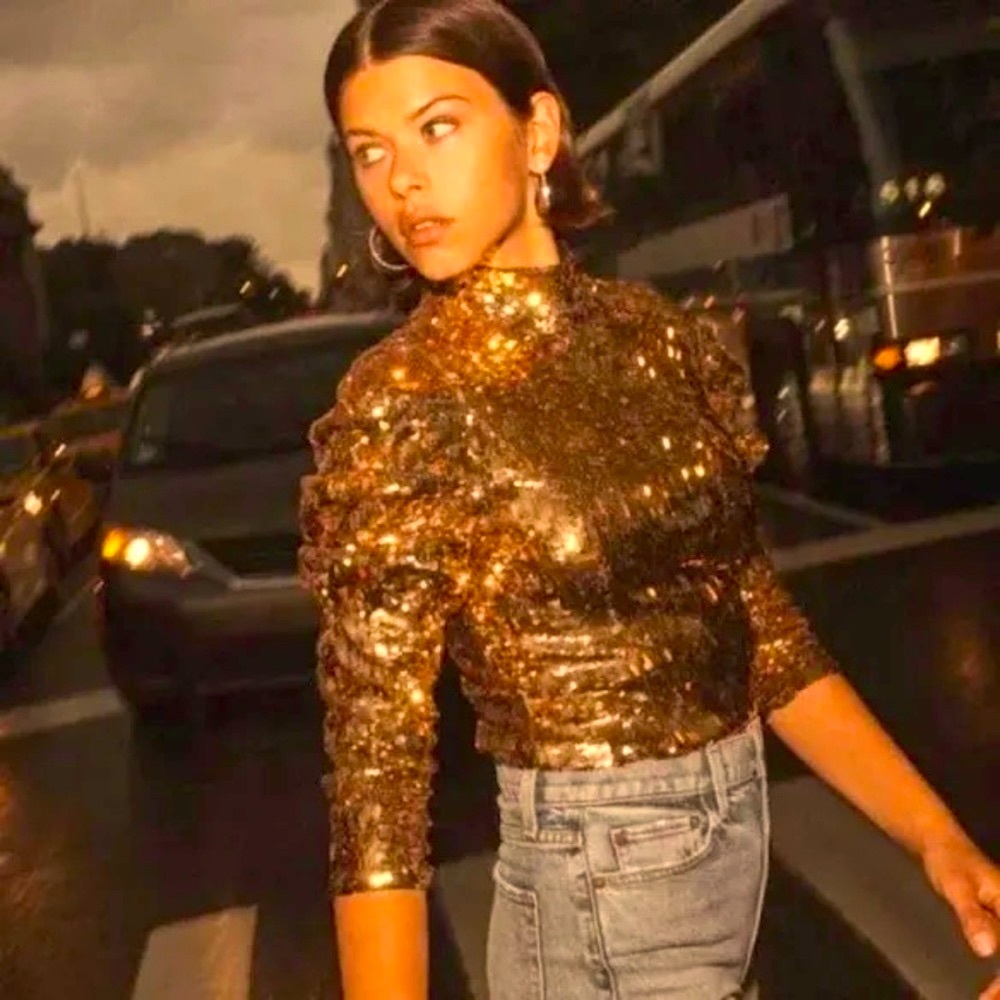 Alice + Olivia Tops Alice Olivia Brenna Sequin Puff-Sleeve Crop Top